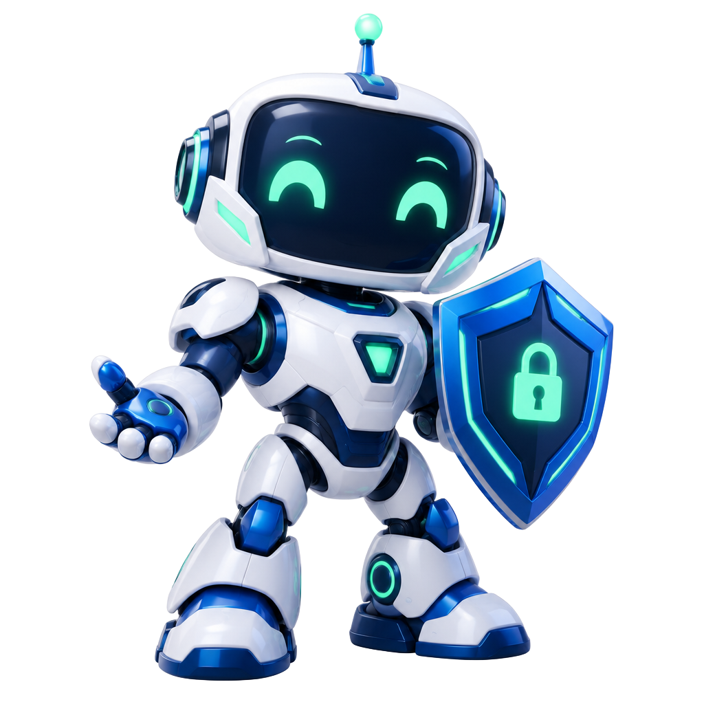 DEFI, la mascotte de Defentik, un robot protecteur avec son bouclier